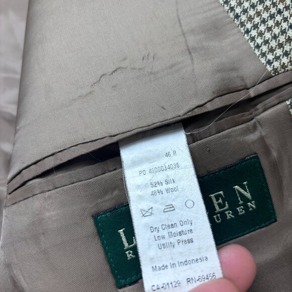 Lauren Ralph Lauren Houndstooth Blazer 46R Brown Tan Silk Wool Blend Coat Jacket - Picture 11 of 14